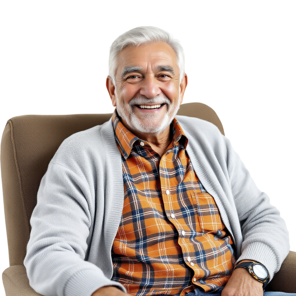 A smiling older man sitting in a chair png