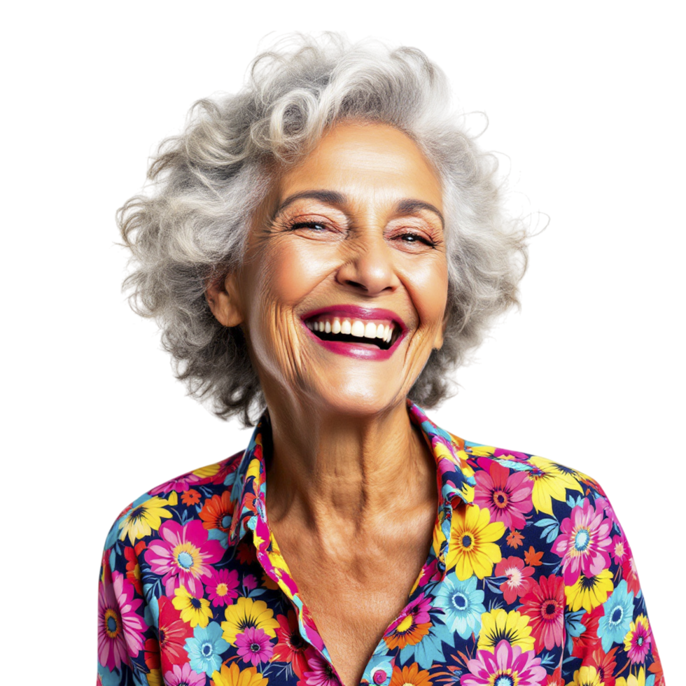 A smiling older woman in a floral shirt png