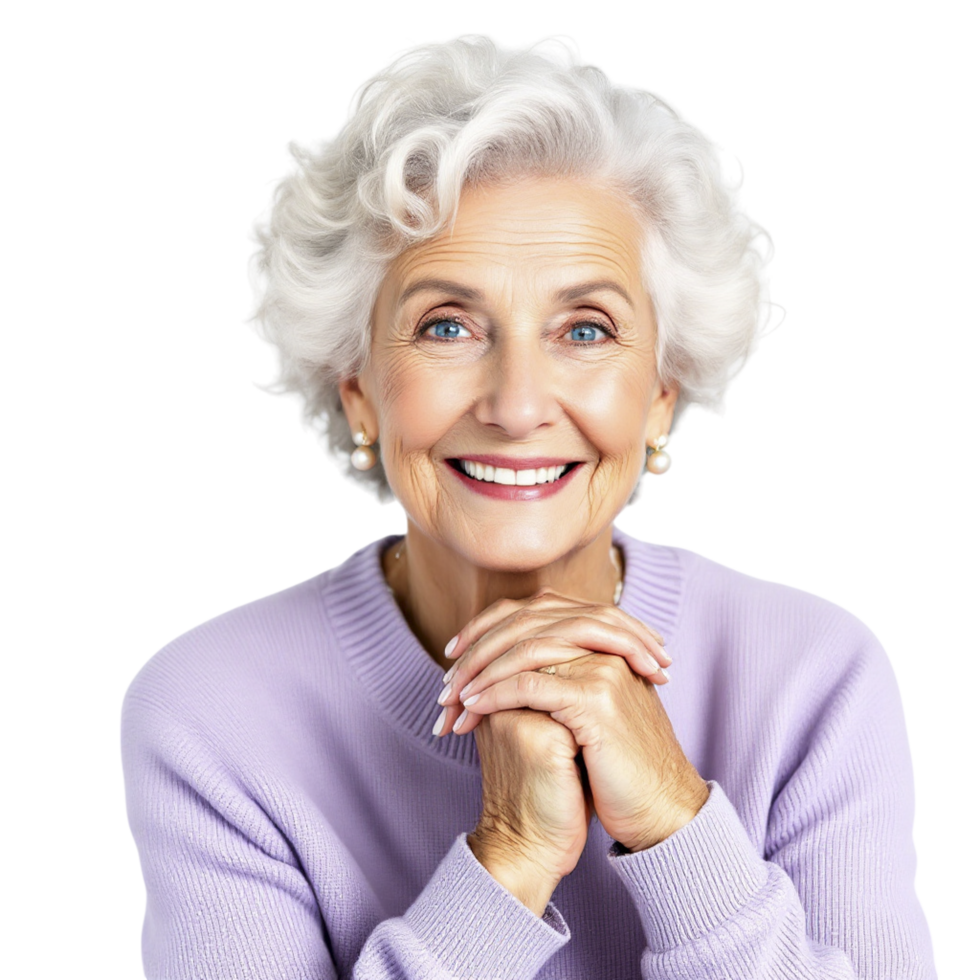 An older woman with white hair and a purple sweater png