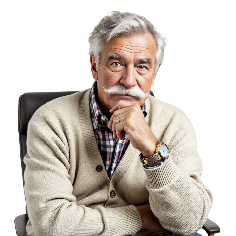 An older man with a mustache sitting in a chair png