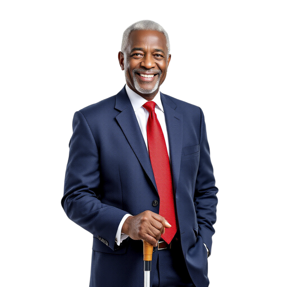 A man in a suit and tie holding a cane png