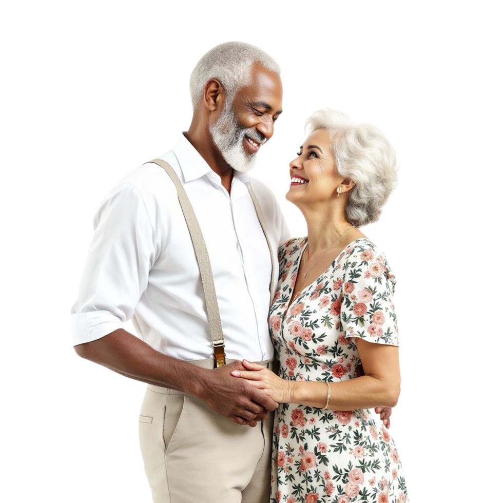 An older couple is smiling and looking at each other png