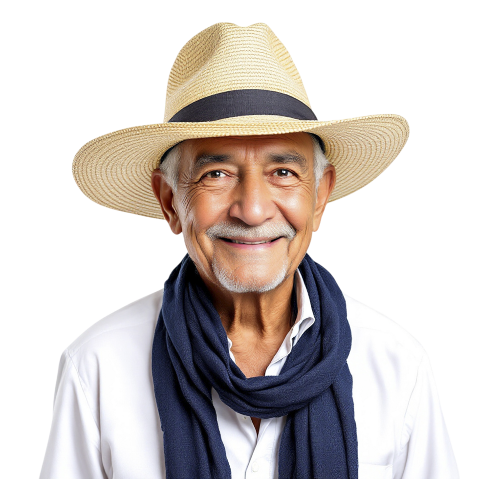 An older man wearing a hat and scarf png