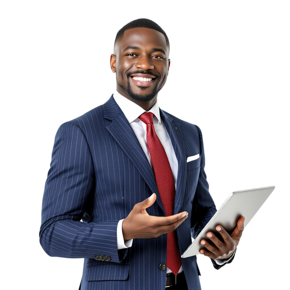 A man in a suit holding a tablet computer png