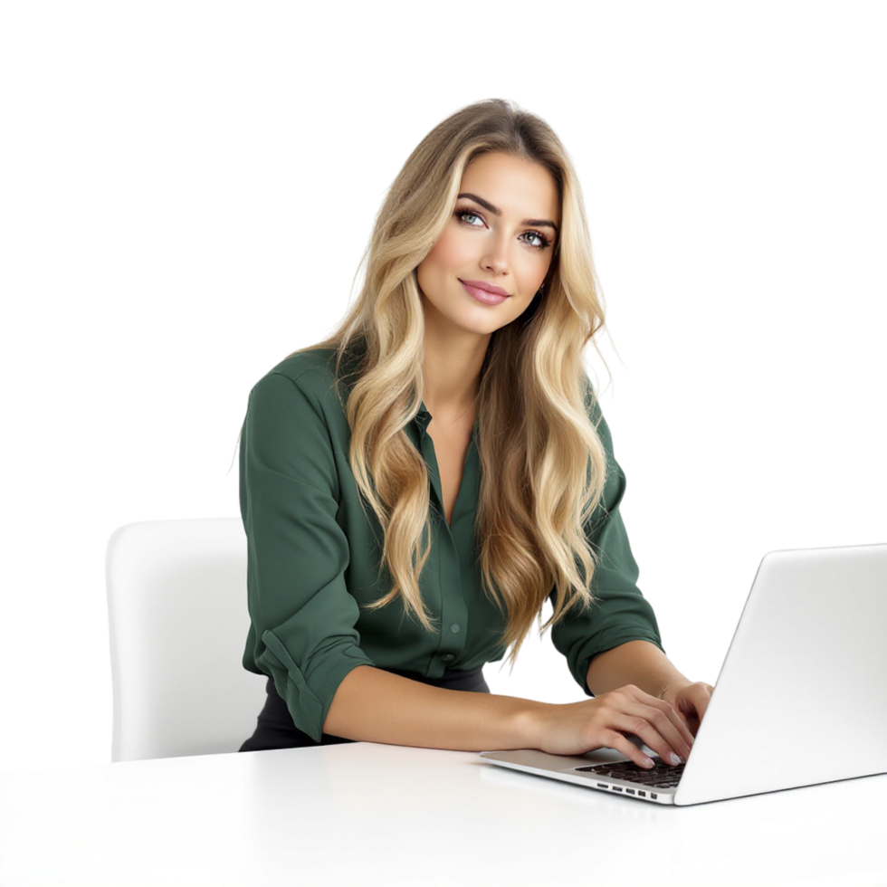 A beautiful blonde woman sitting at a desk with a laptop png