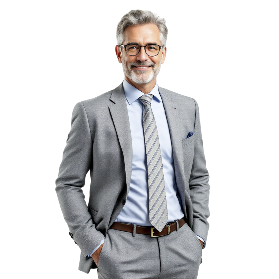 A man in a suit and tie standing with his hands in his pockets png