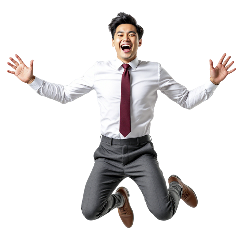 A man in a tie and shirt is jumping in the air png