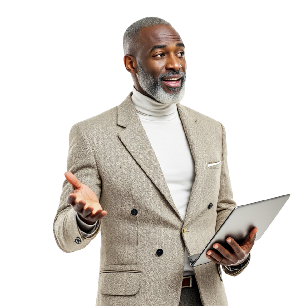 A man in a suit holding a tablet computer png