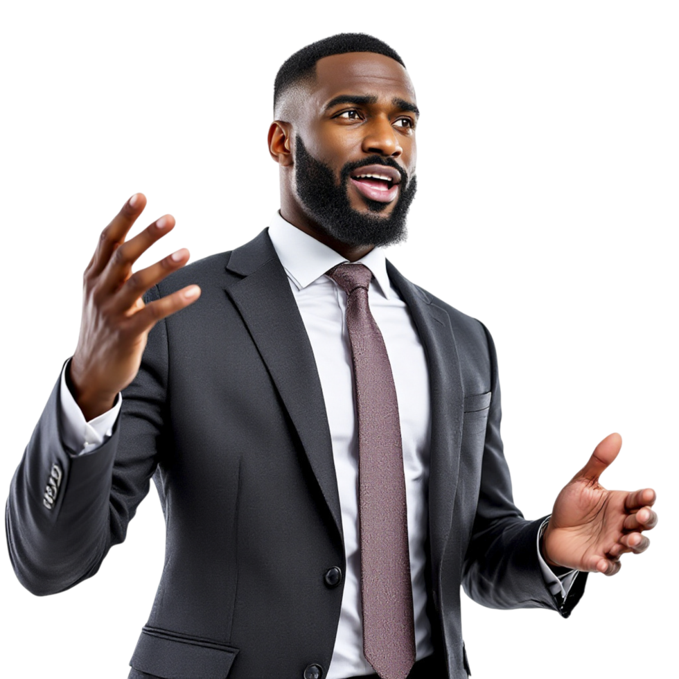 An african american man in a suit and tie gesturing png