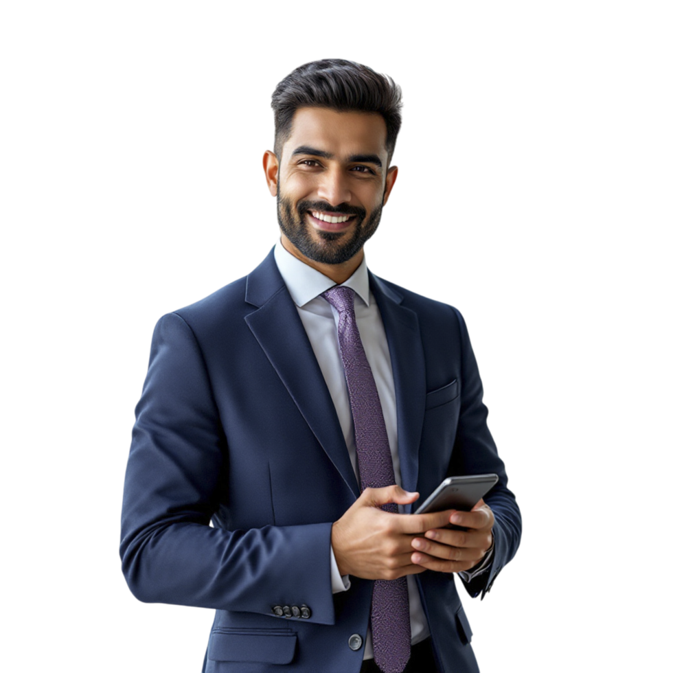 A man in a suit and tie is holding his phone png