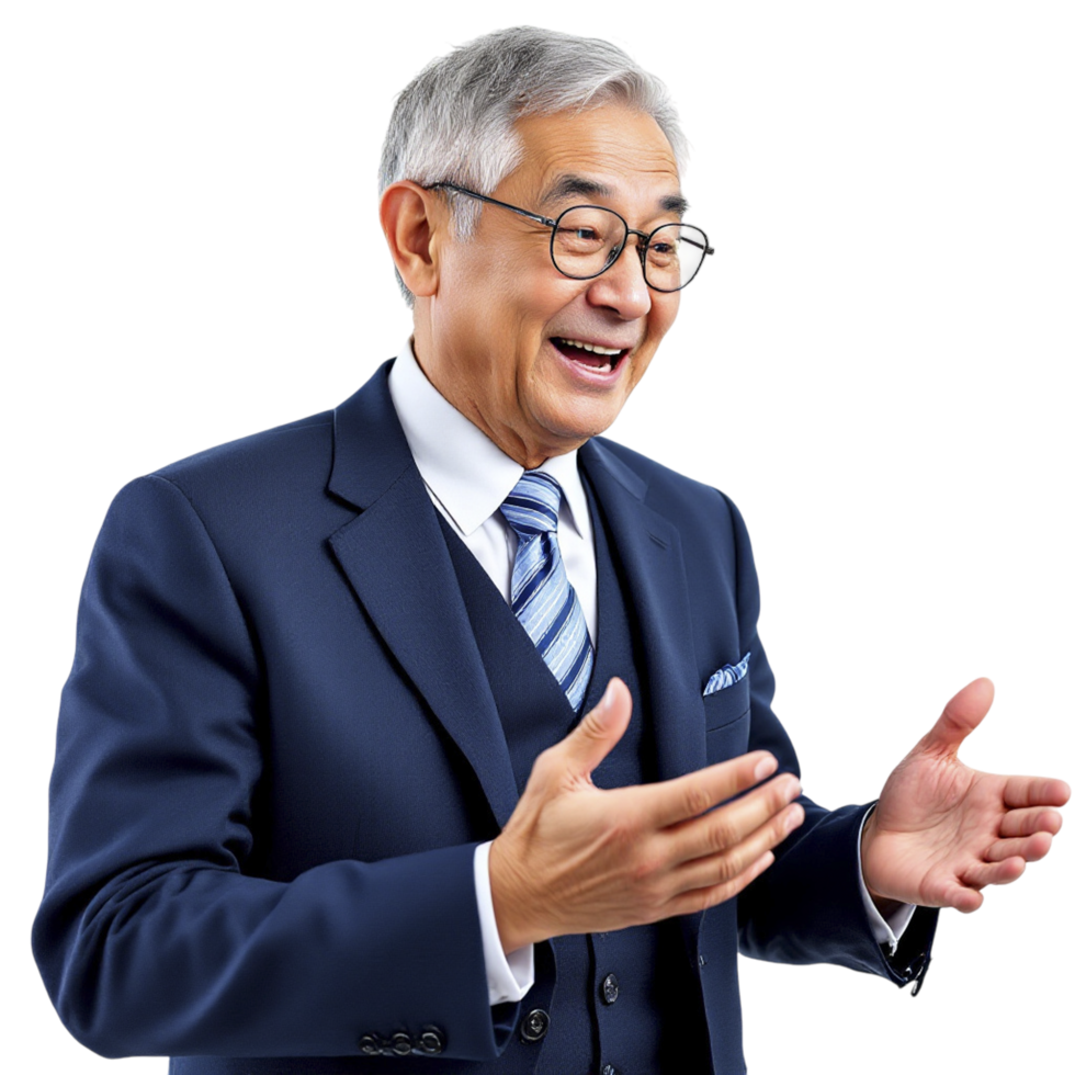 An older man in a suit and tie is gesturing png