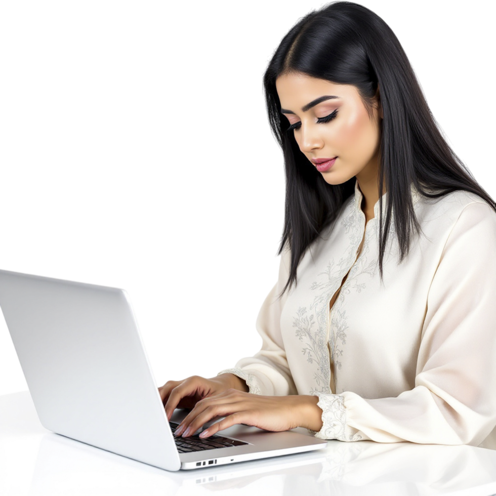 A woman typing on a laptop computer png