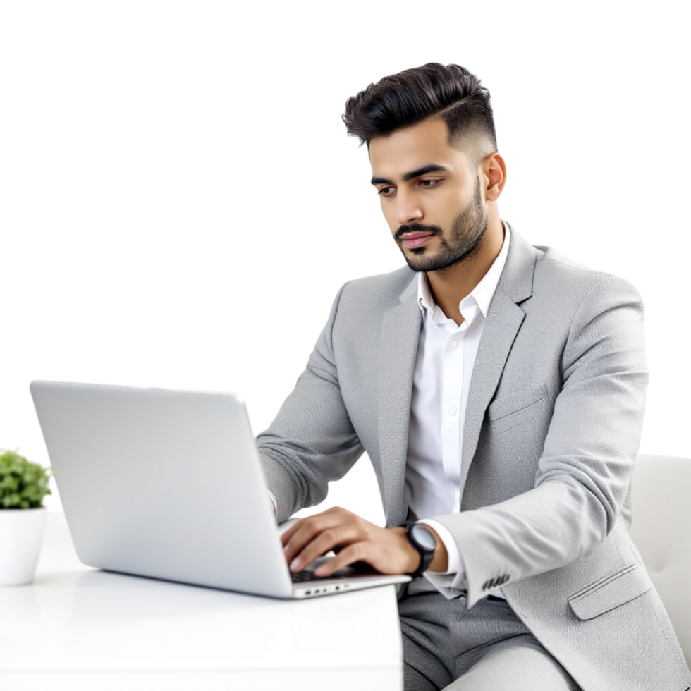 A man in a suit sitting at a desk with a laptop png