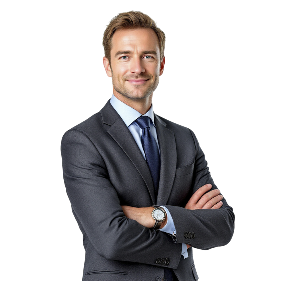 A man in a suit and tie standing with his arms crossed png