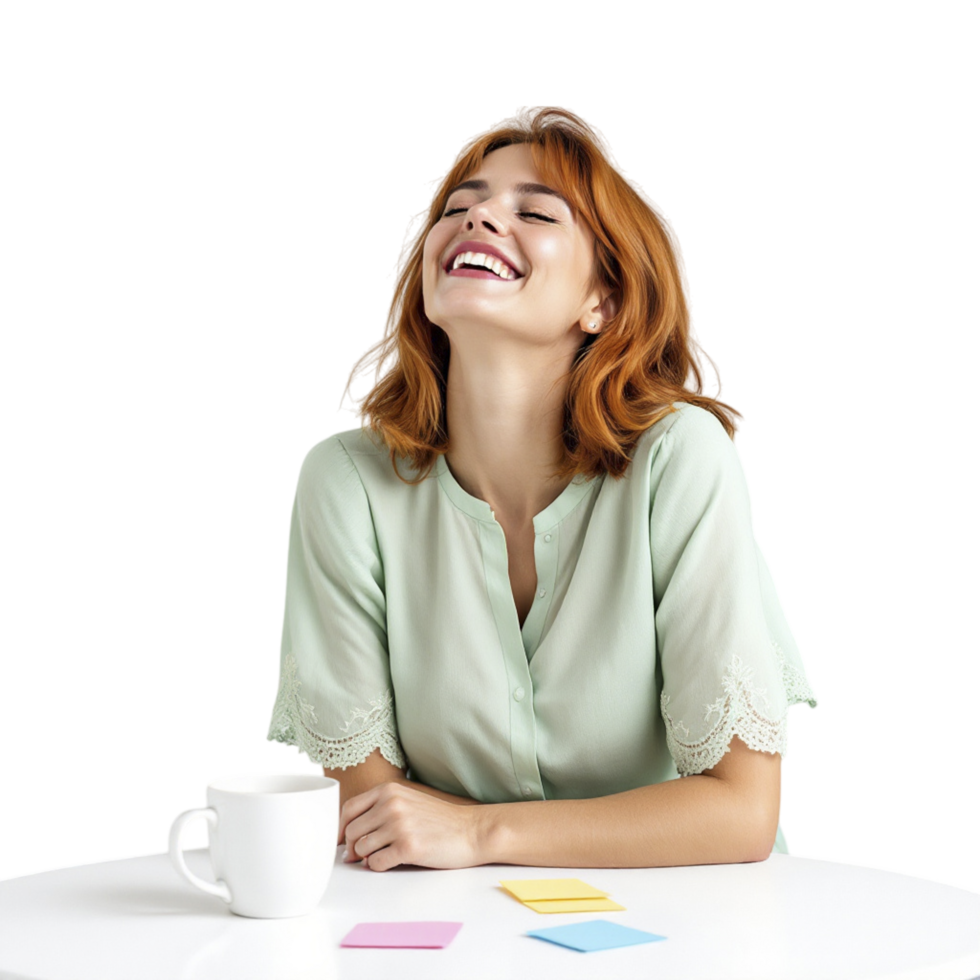 A woman is laughing while sitting at a table with a cup of coffee png