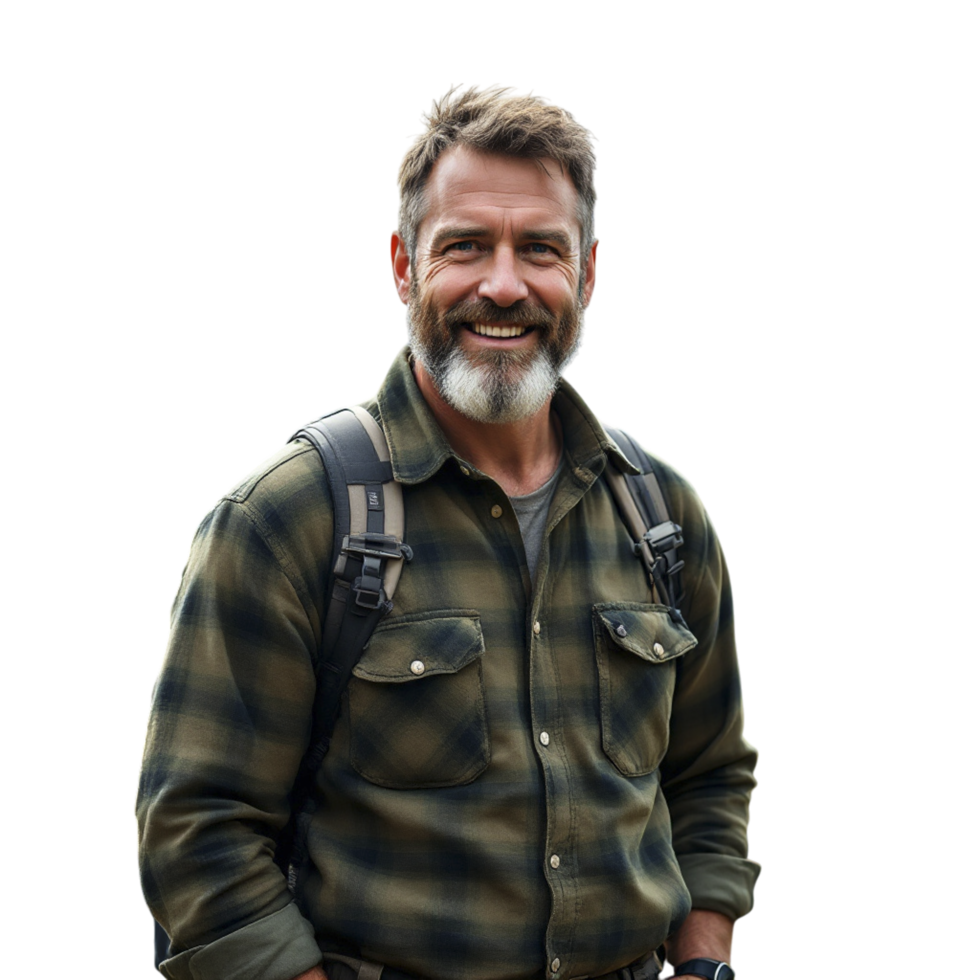 A man with a beard and a backpack smiling png