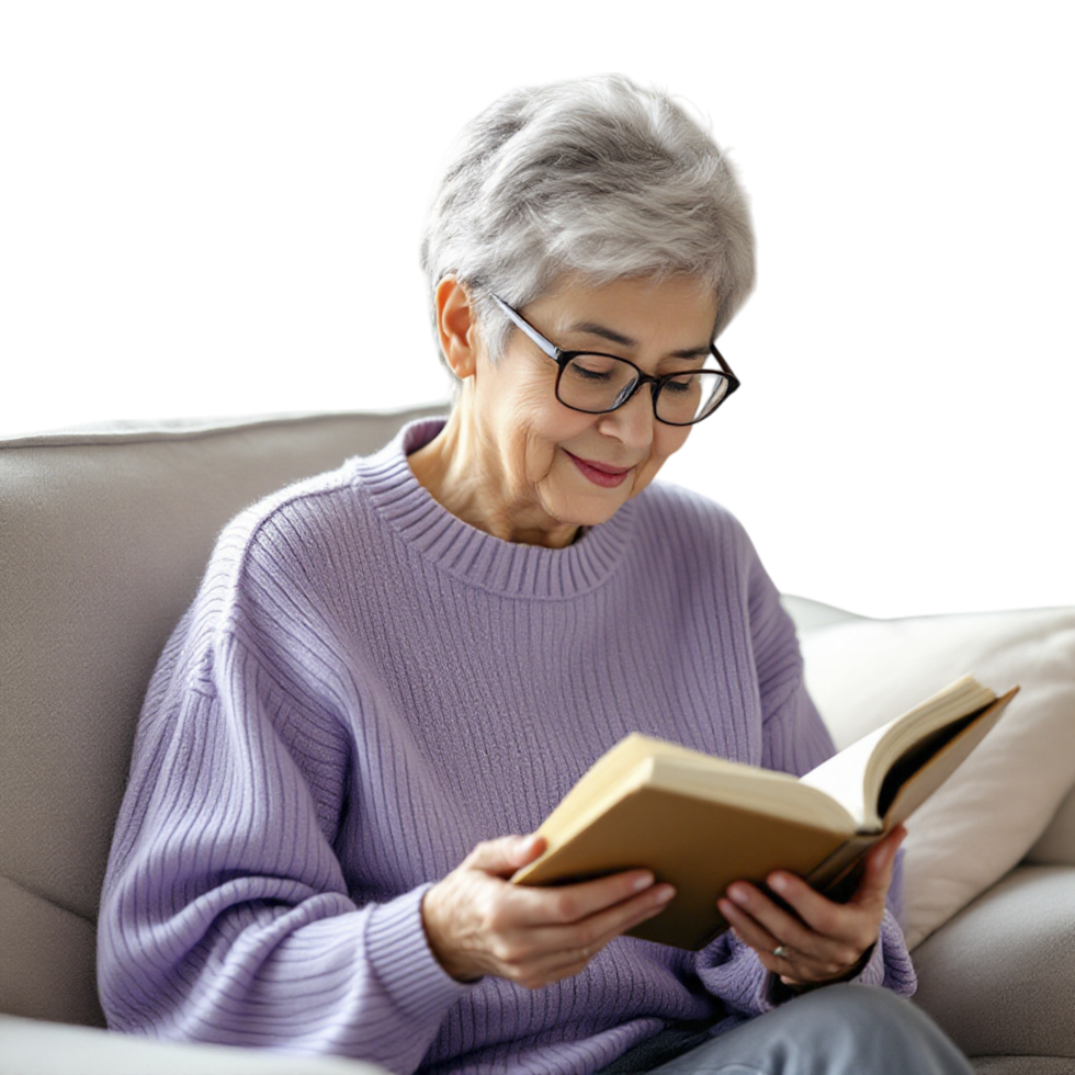 Elderly woman reading book on couch png