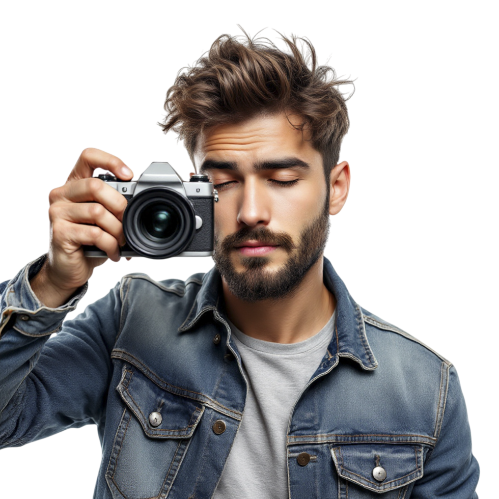 A man with a beard and a denim jacket is taking a photo with his camera png