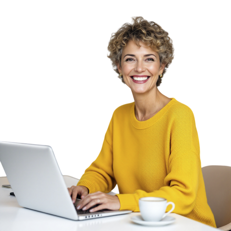 A woman in a yellow sweater is smiling while using a laptop png