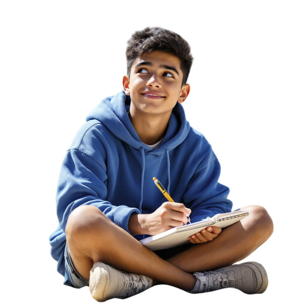 A young boy sitting on the floor with a pen and notebook png