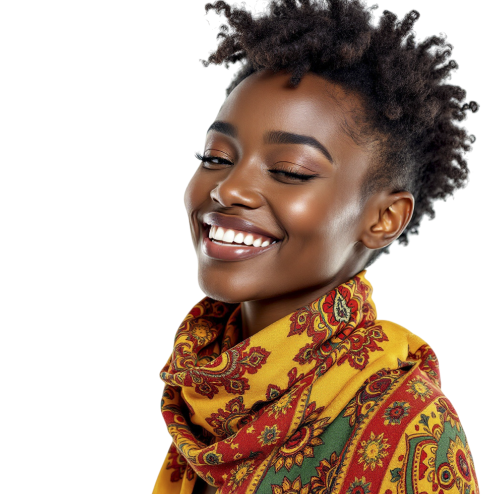 A smiling black woman wearing a colorful scarf png