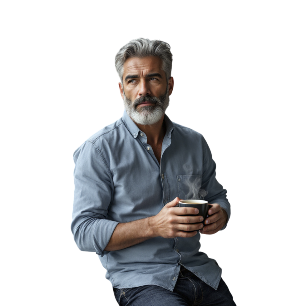 A man with a gray beard and a blue shirt is sitting on a chair and holding a cup png