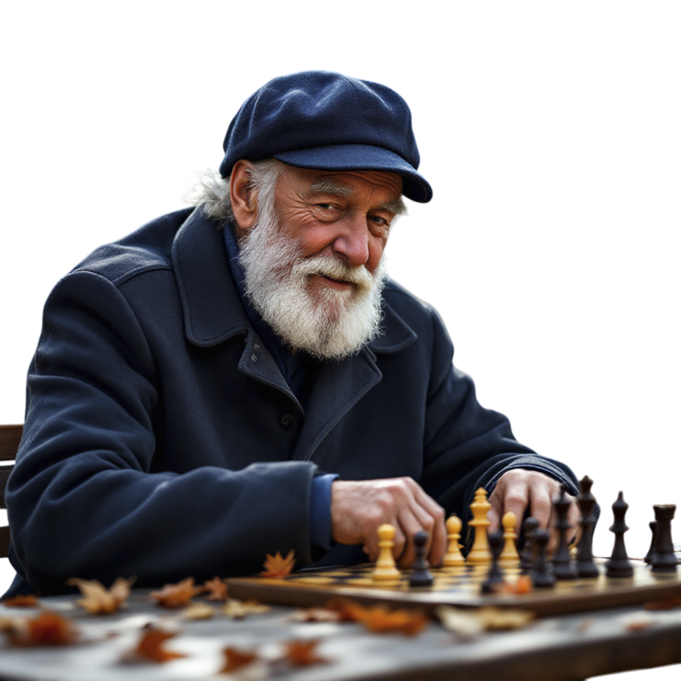An old man playing chess with leaves on the table png