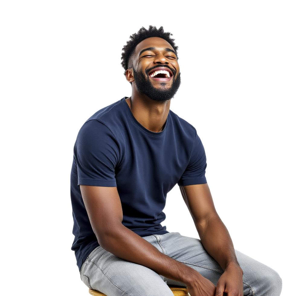A man is laughing while sitting on a stool png
