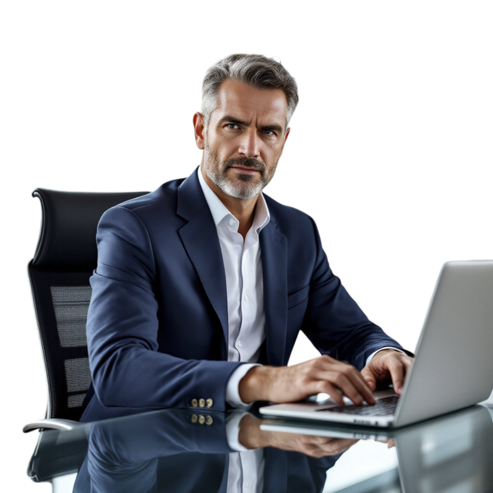 A man in a suit sitting at a desk with a laptop png