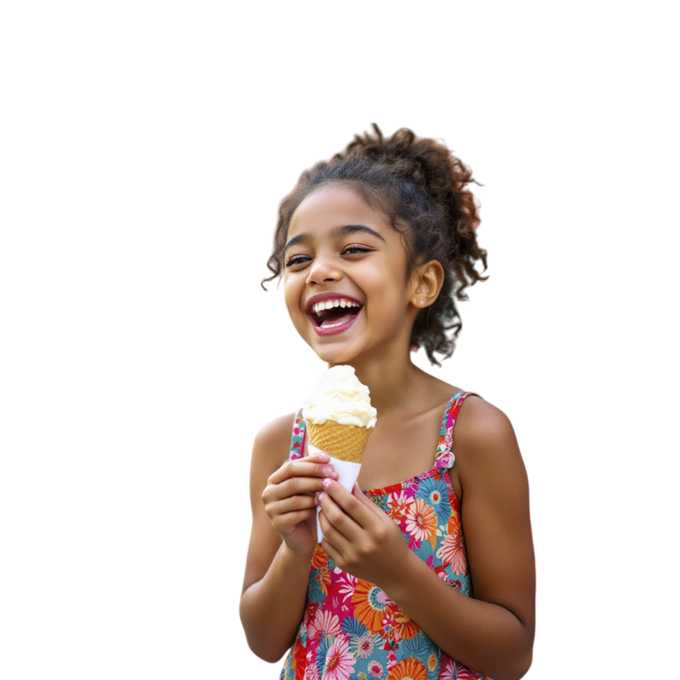A young girl is smiling while holding an ice cream cone png