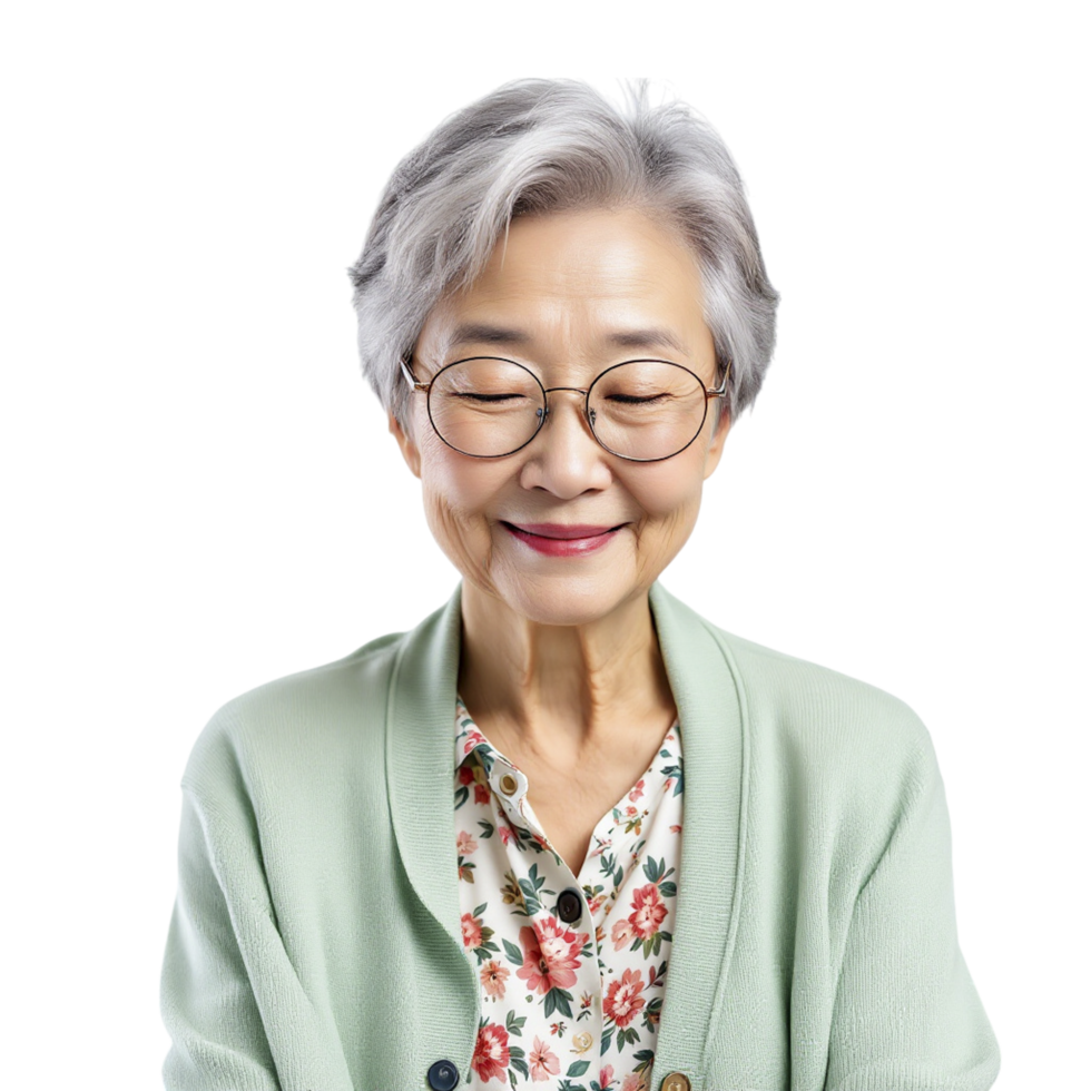 An older woman with glasses and a floral shirt png