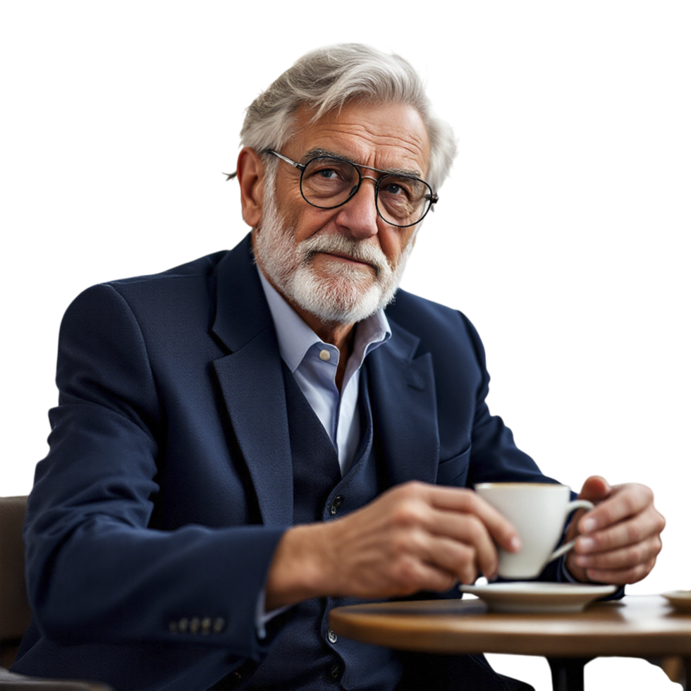 An older man with glasses and a beard sitting at a table with a cup of coffee png