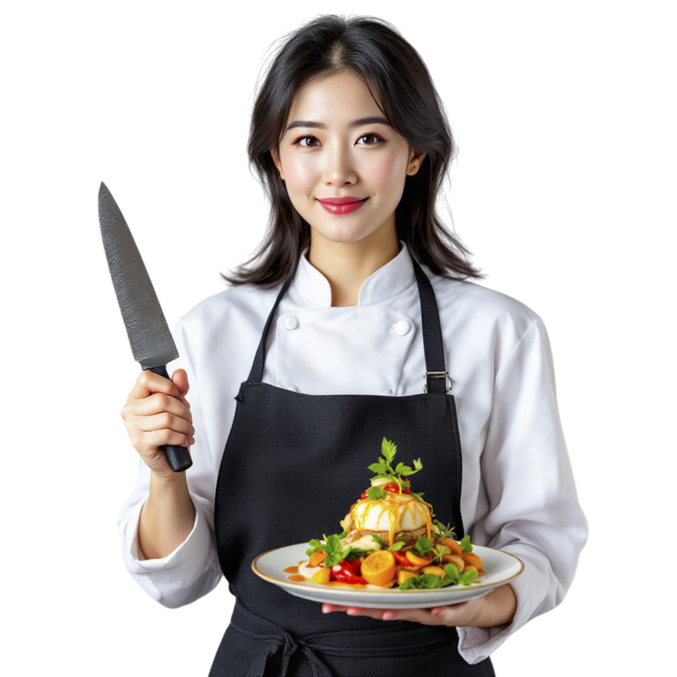 Asian female chef holding a plate with food png
