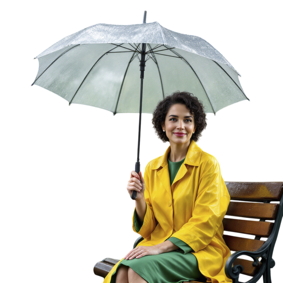 A woman in a yellow raincoat is sitting on a bench png