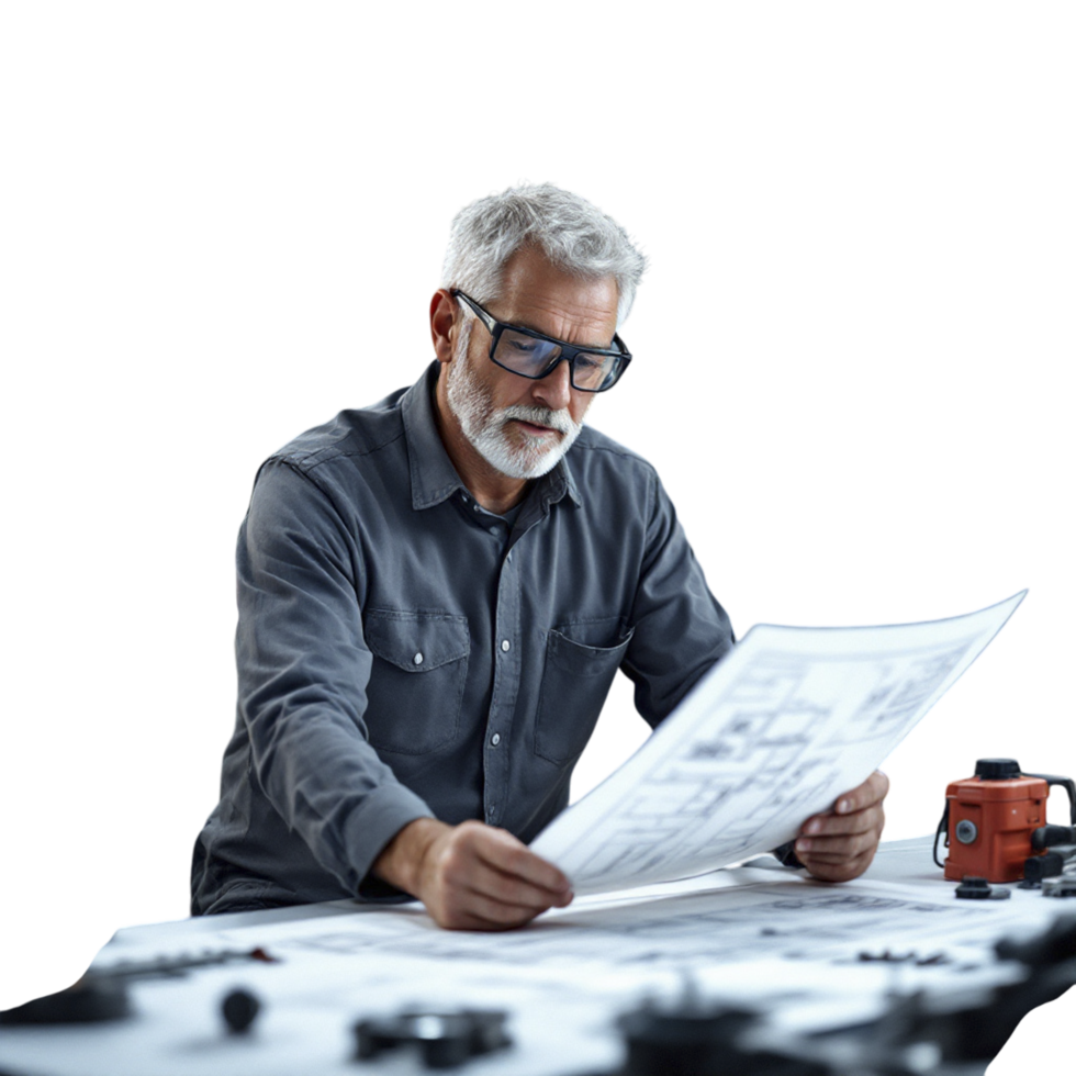 An older man is sitting at a table with a blueprint png