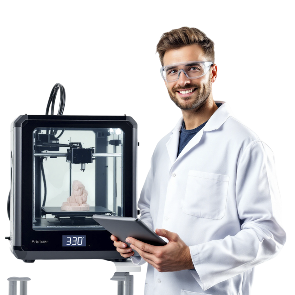 A man in lab coat holding a tablet computer next to a 3d printer png