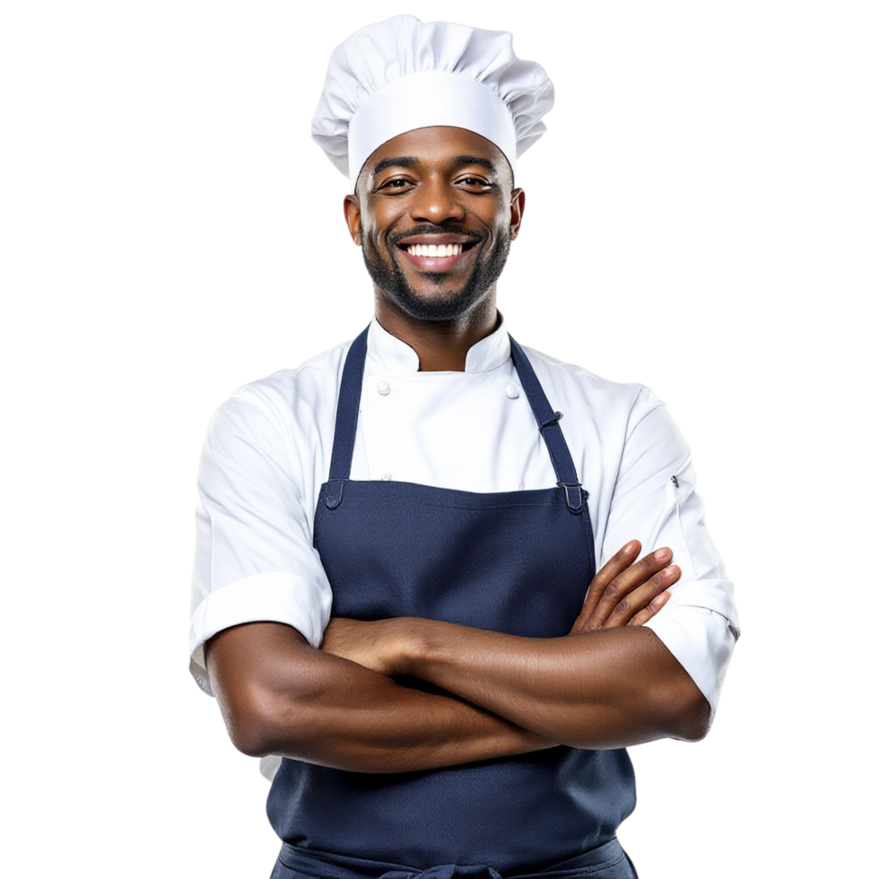 Chef black man with arms crossed standing with apron on black background png