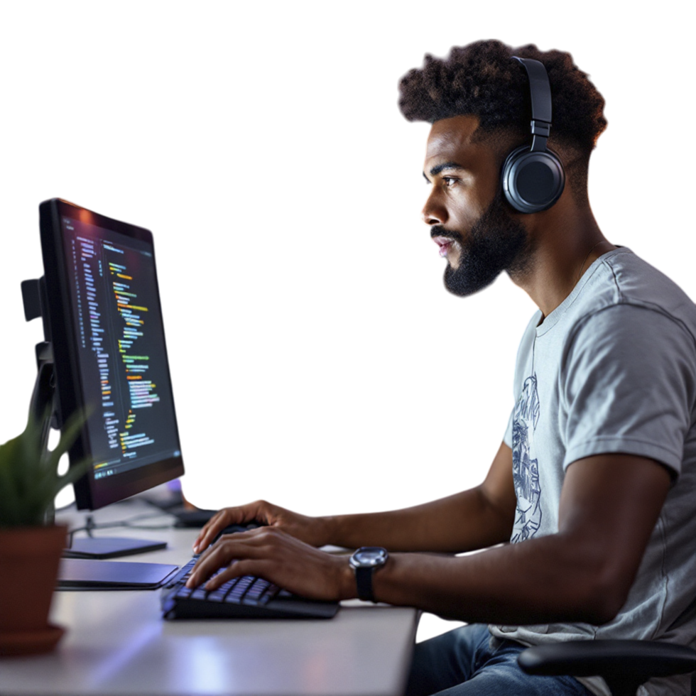 A man wearing headphones is sitting at a computer png