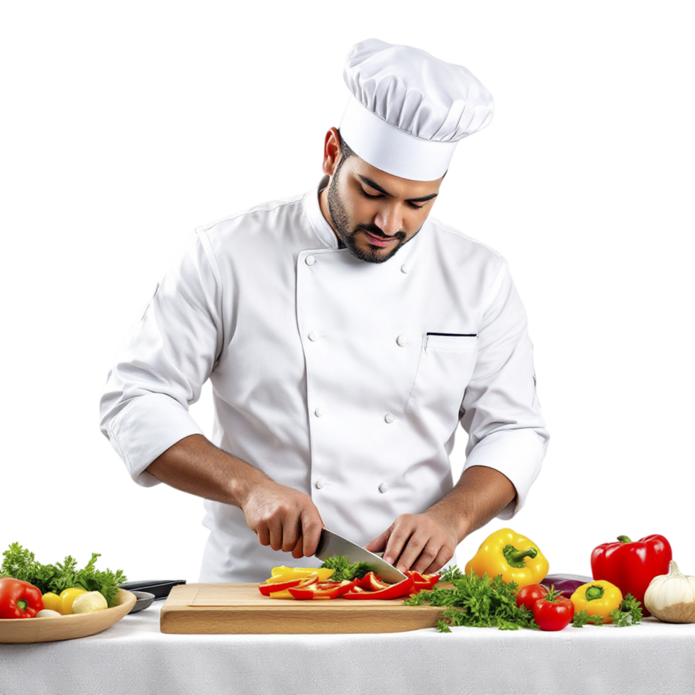 A male chef cutting vegetables on a cutting board png