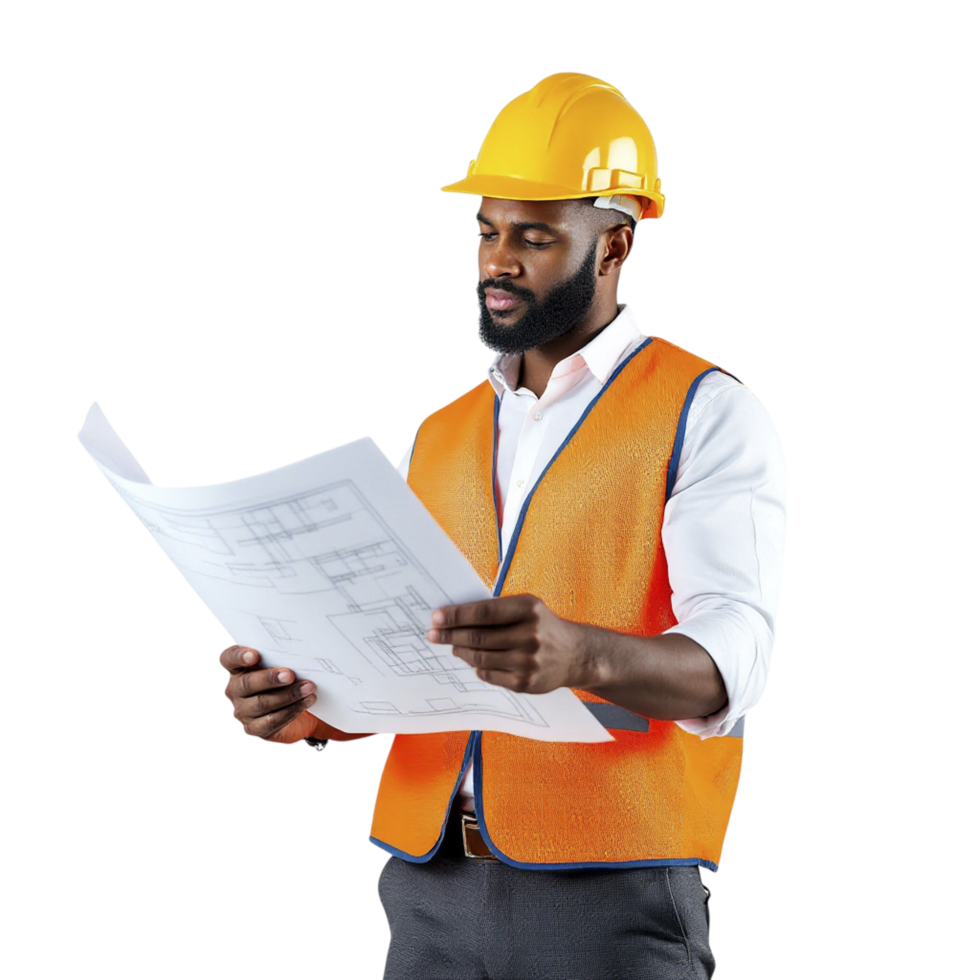 A man in an orange vest holding a blueprint png