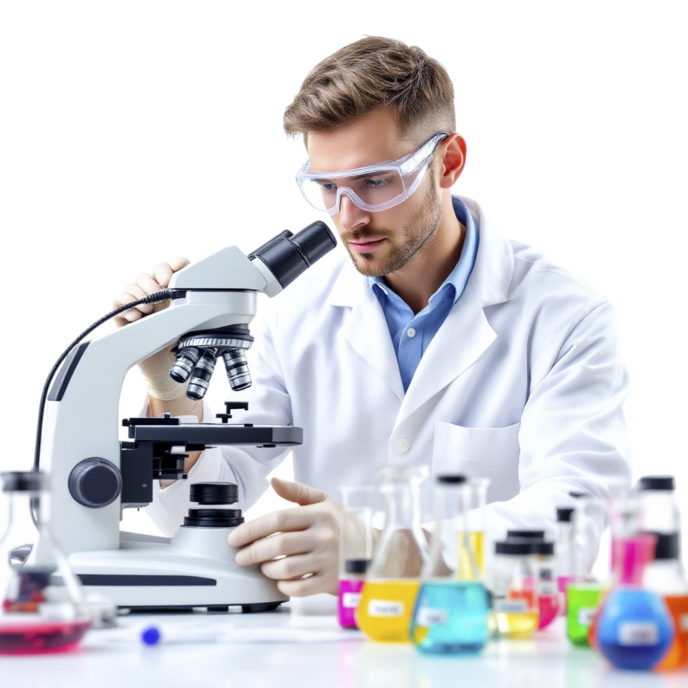 A man in a lab coat looking at a microscope png