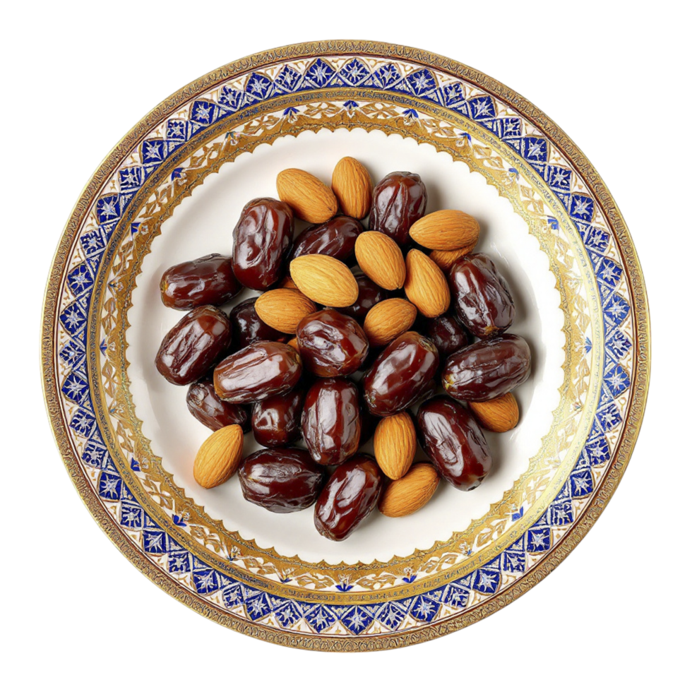 A plate with dates and almonds on it png