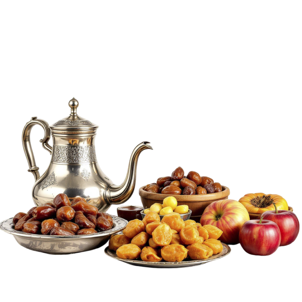 A silver tea pot, bowls of dates, and apples png