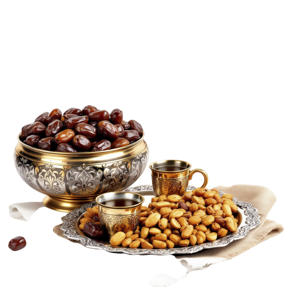 Dates and nuts in a silver bowl and a silver tray png