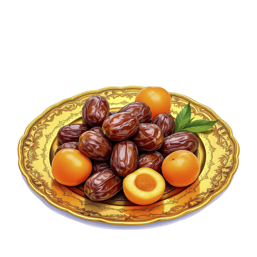 A gold plate with dates and oranges on it png