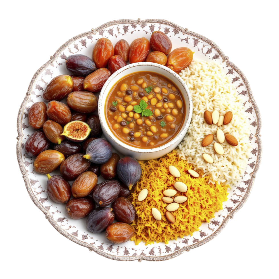 A plate with rice, dates, and nuts png