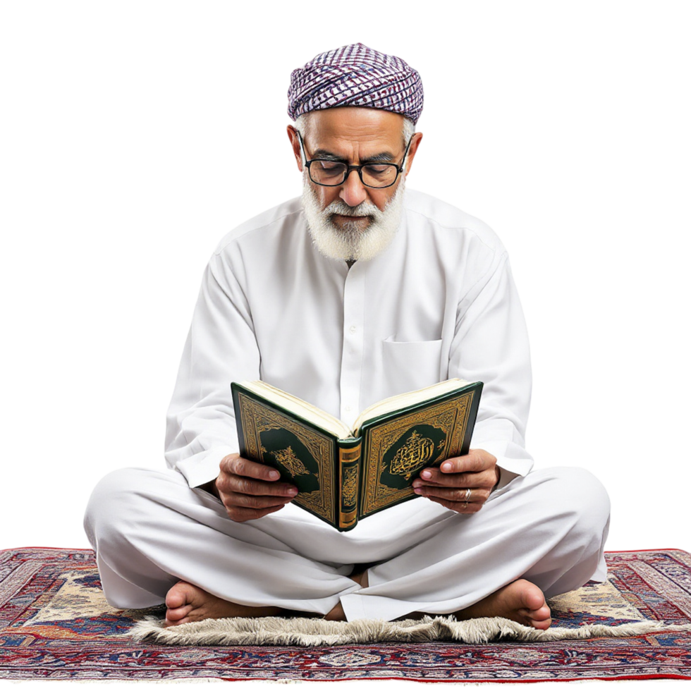 An old man in a white robe is reading a quran png
