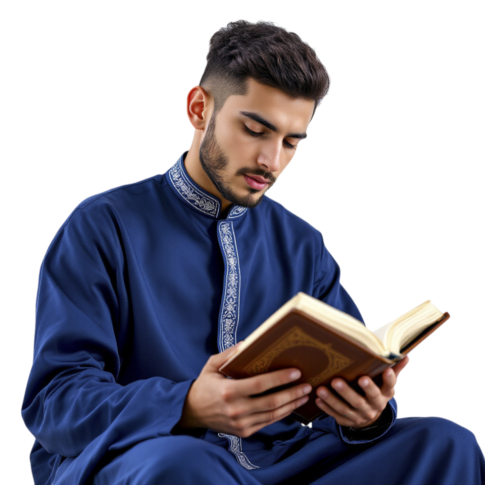A muslim man in traditional clothing is reading a book png