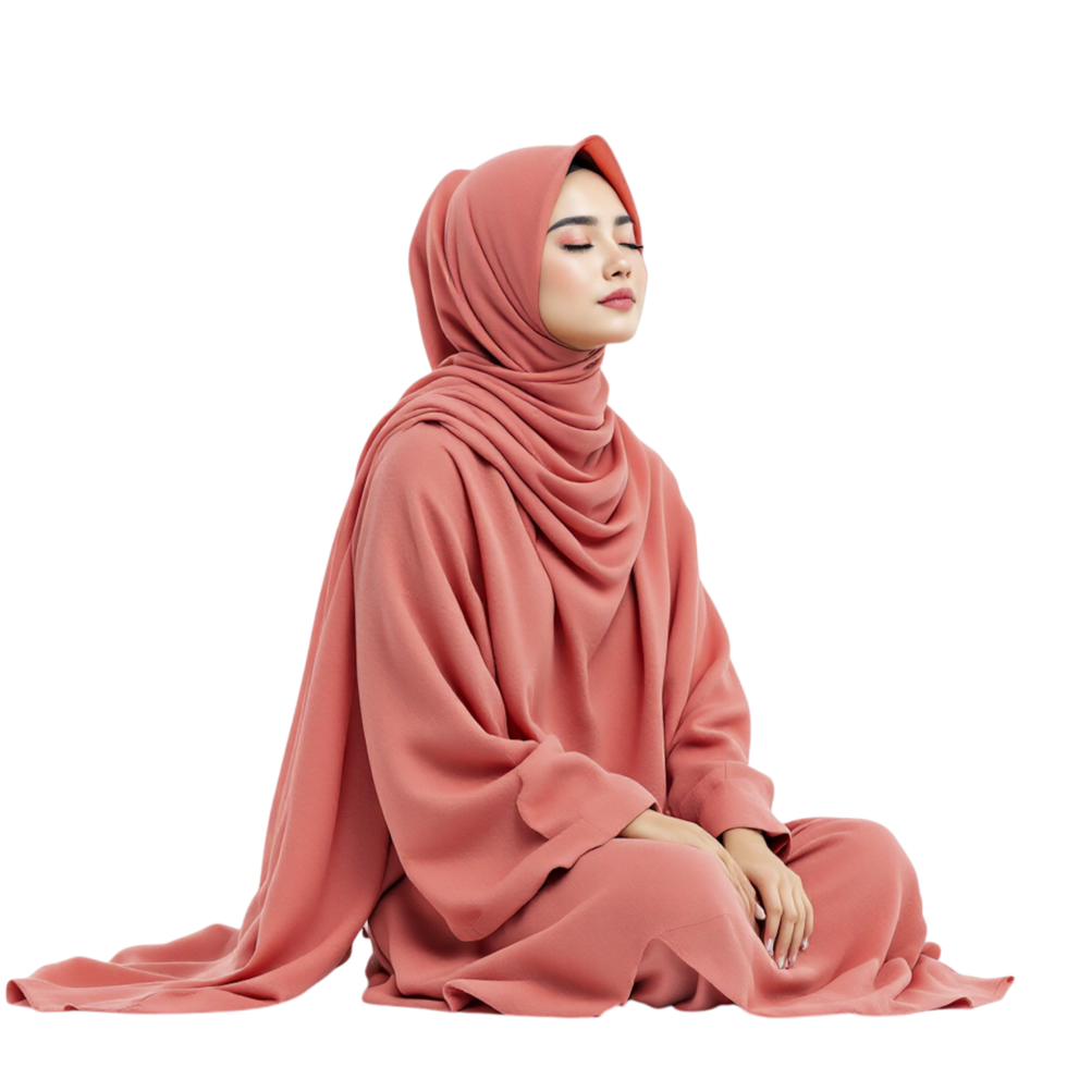 Muslim woman in pink hijab sitting on the floor png
