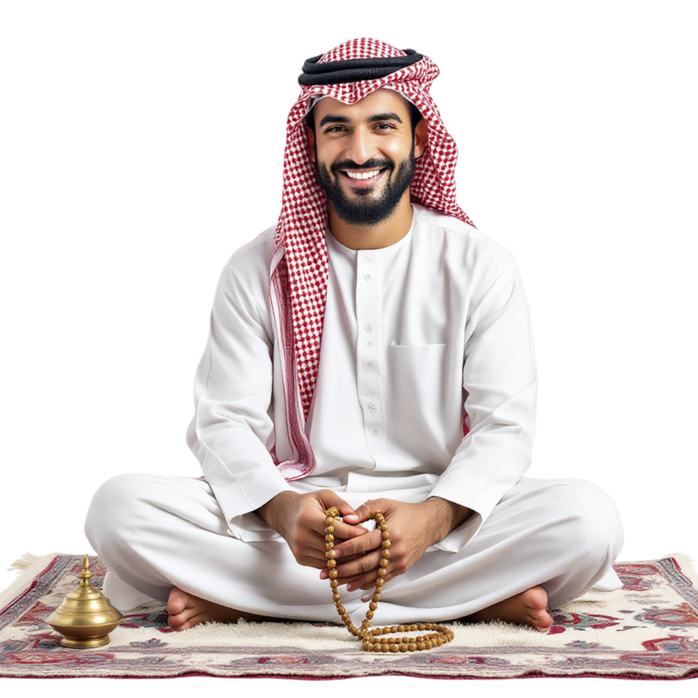 Arab man sitting on the floor with a rosary png